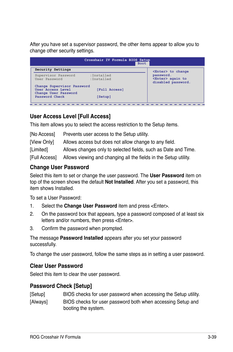 User access level [full access, Change user password, Clear user password | Password check [setup | Asus Crosshair IV Formula User Manual | Page 115 / 172