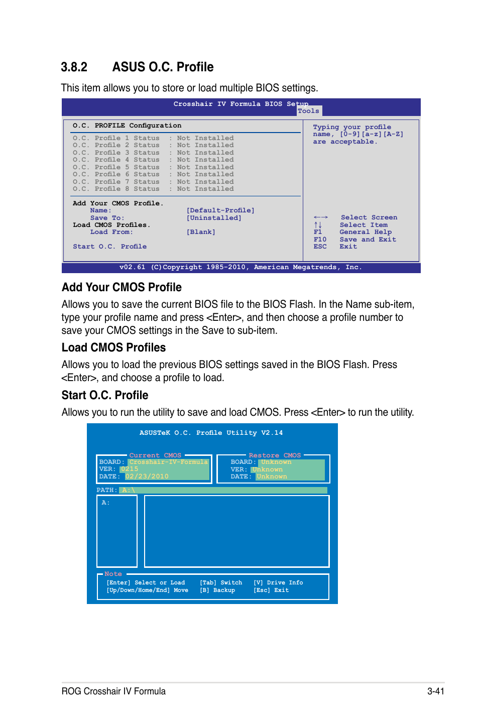 2 asus o.c. profile, Add your cmos profile, Load cmos profiles | Start o.c. profile | Asus Crosshair IV Formula User Manual | Page 117 / 172