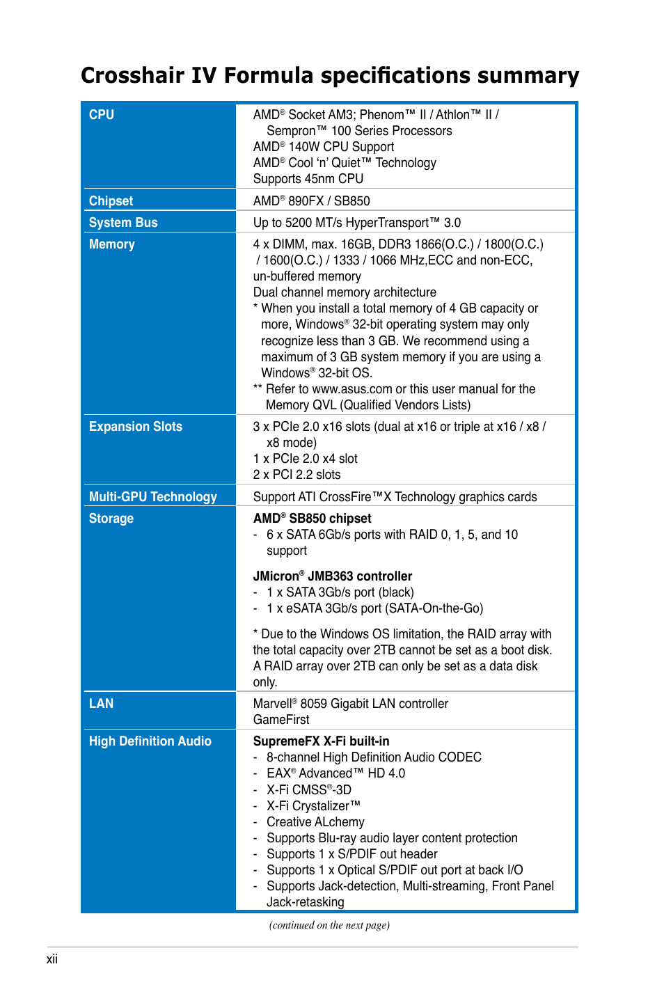 Crosshair iv formula specifications summary | Asus Crosshair IV Formula User Manual | Page 12 / 172