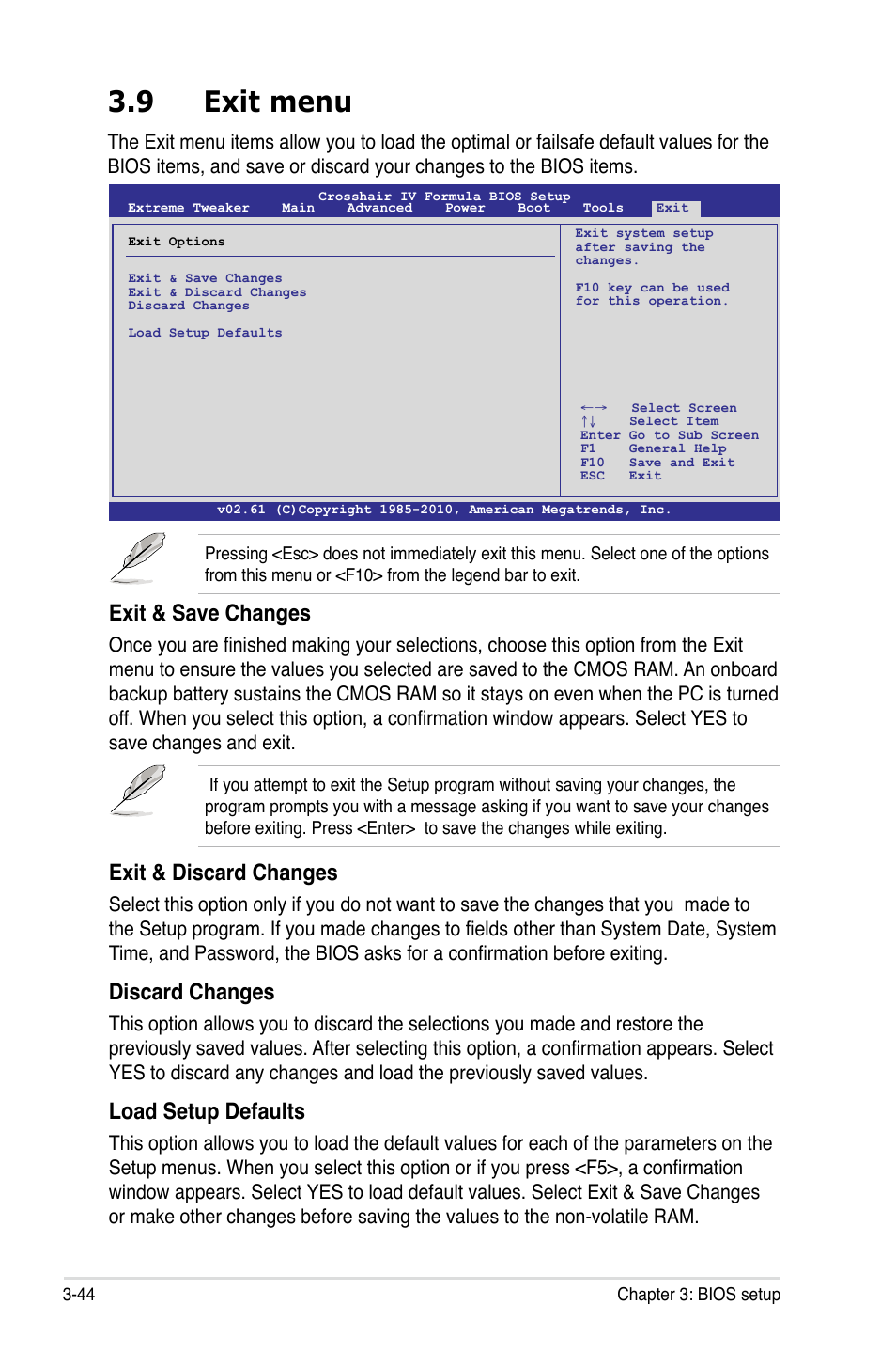 9 exit menu, Exit & save changes, Exit & discard changes | Discard changes, Load setup defaults | Asus Crosshair IV Formula User Manual | Page 120 / 172