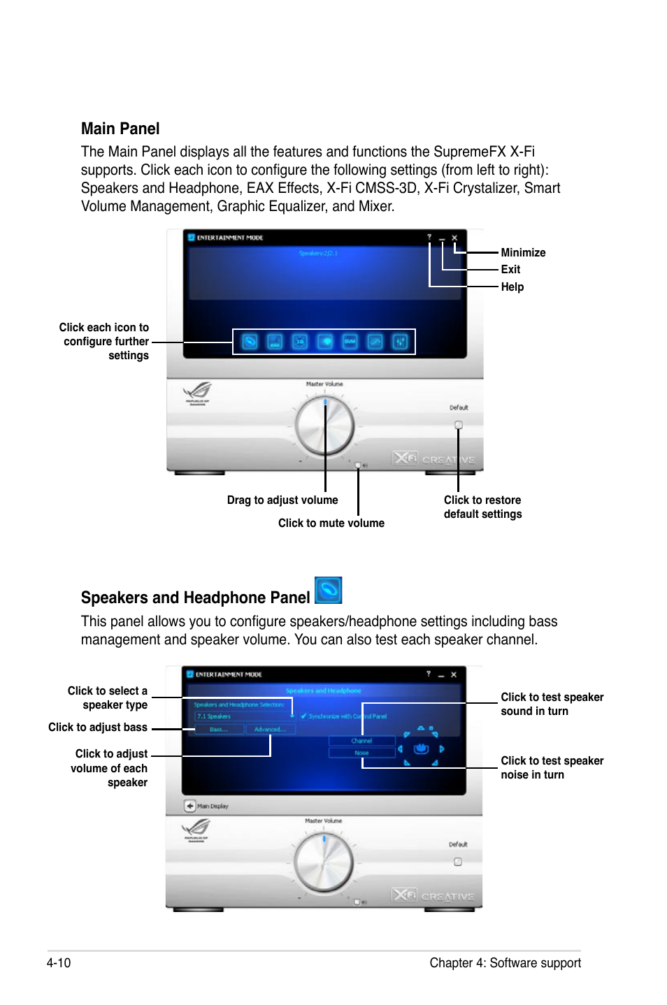 Main panel, Speakers and headphone panel | Asus Crosshair IV Formula User Manual | Page 132 / 172