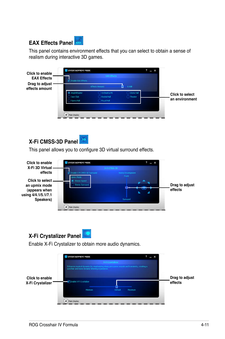 Eax effects panel, X-fi cmss-3d panel, X-fi crystalizer panel | Asus Crosshair IV Formula User Manual | Page 133 / 172