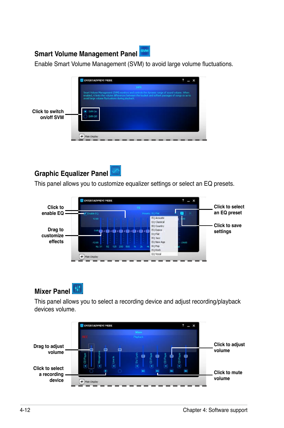 Smart volume management panel, Graphic equalizer panel, Mixer panel | Asus Crosshair IV Formula User Manual | Page 134 / 172