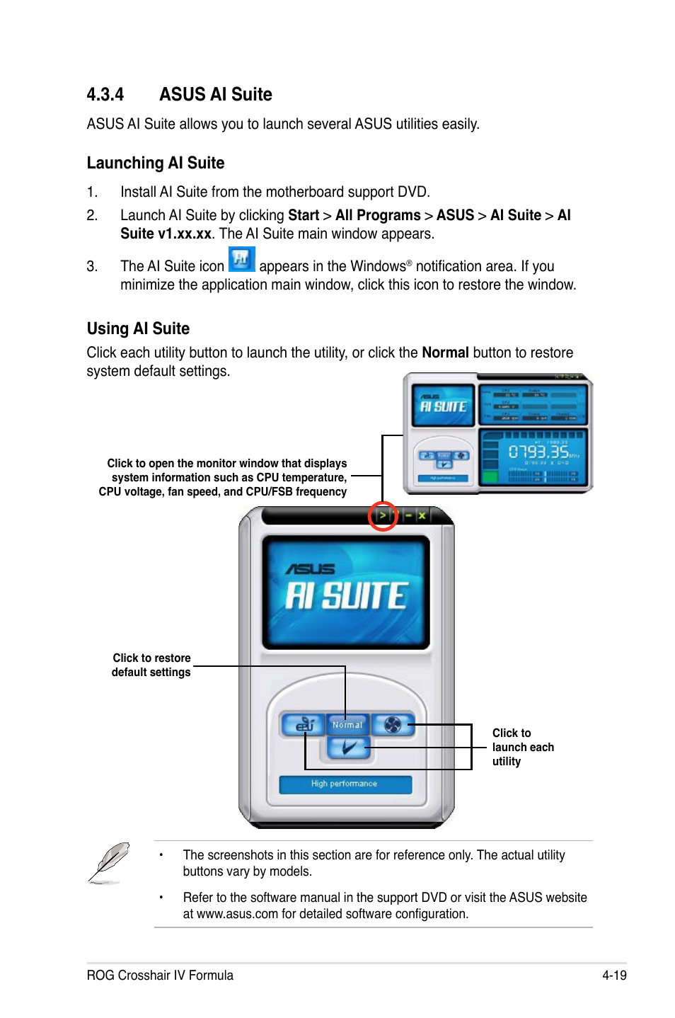 4 asus ai suite, Launching ai suite, Using ai suite | Asus Crosshair IV Formula User Manual | Page 141 / 172