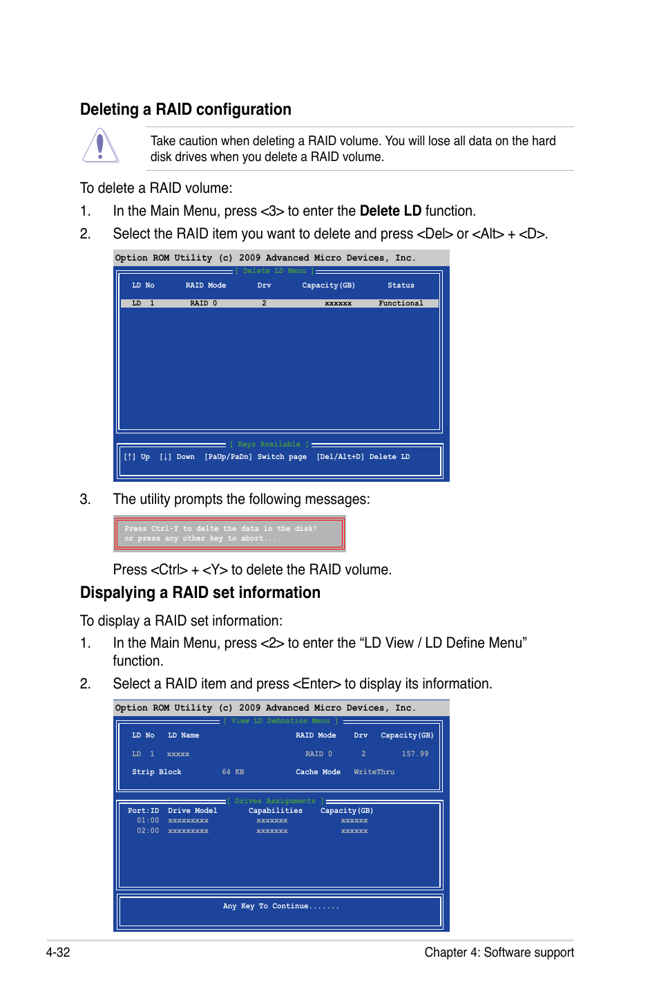 Deleting a raid configuration, Dispalying a raid set information, 32 chapter 4: software support | Asus Crosshair IV Formula User Manual | Page 154 / 172