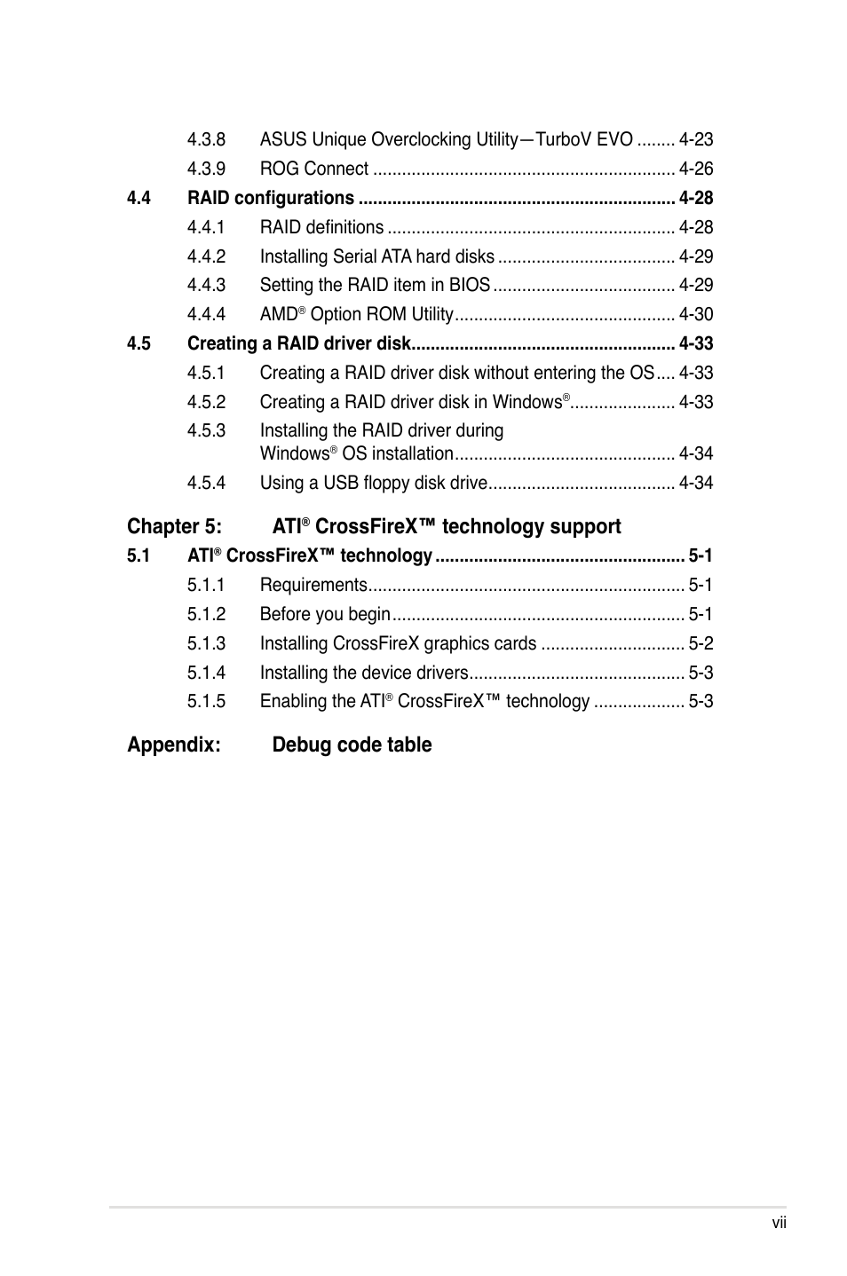 Chapter 5: ati, Crossfirex™ technology support, Appendix: debug code table | Asus Crosshair IV Formula User Manual | Page 7 / 172