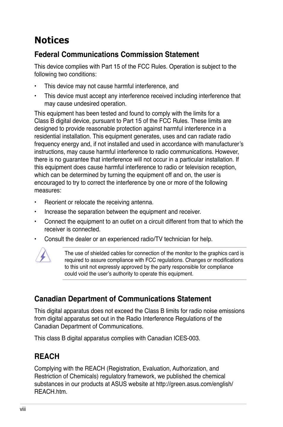 Notices, Federal communications commission statement, Canadian department of communications statement | Reach | Asus Crosshair IV Formula User Manual | Page 8 / 172