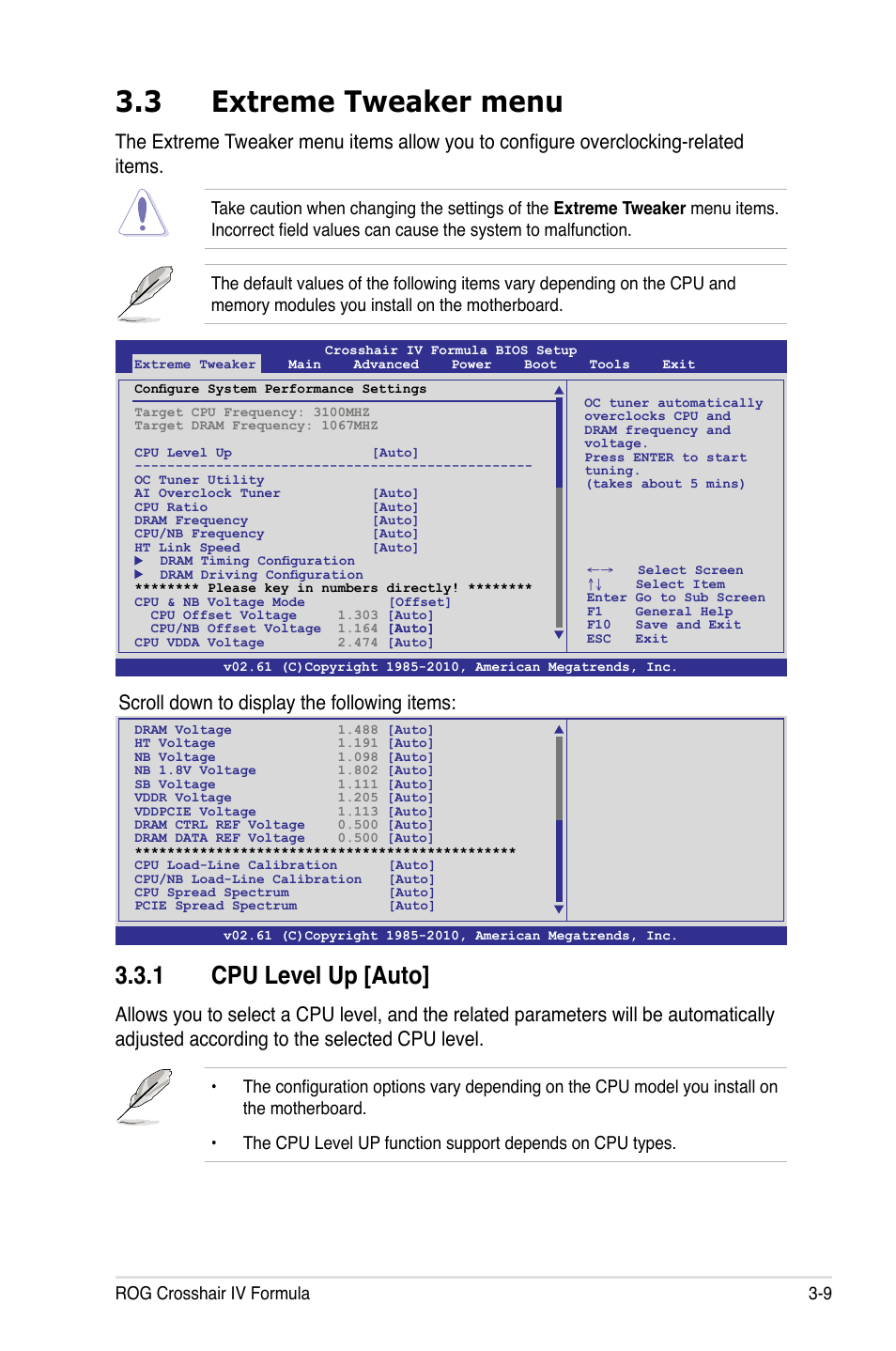 3 extreme tweaker menu, 1 cpu level up [auto, Scroll down to display the following items | Rog crosshair iv formula 3-9 | Asus Crosshair IV Formula User Manual | Page 85 / 172