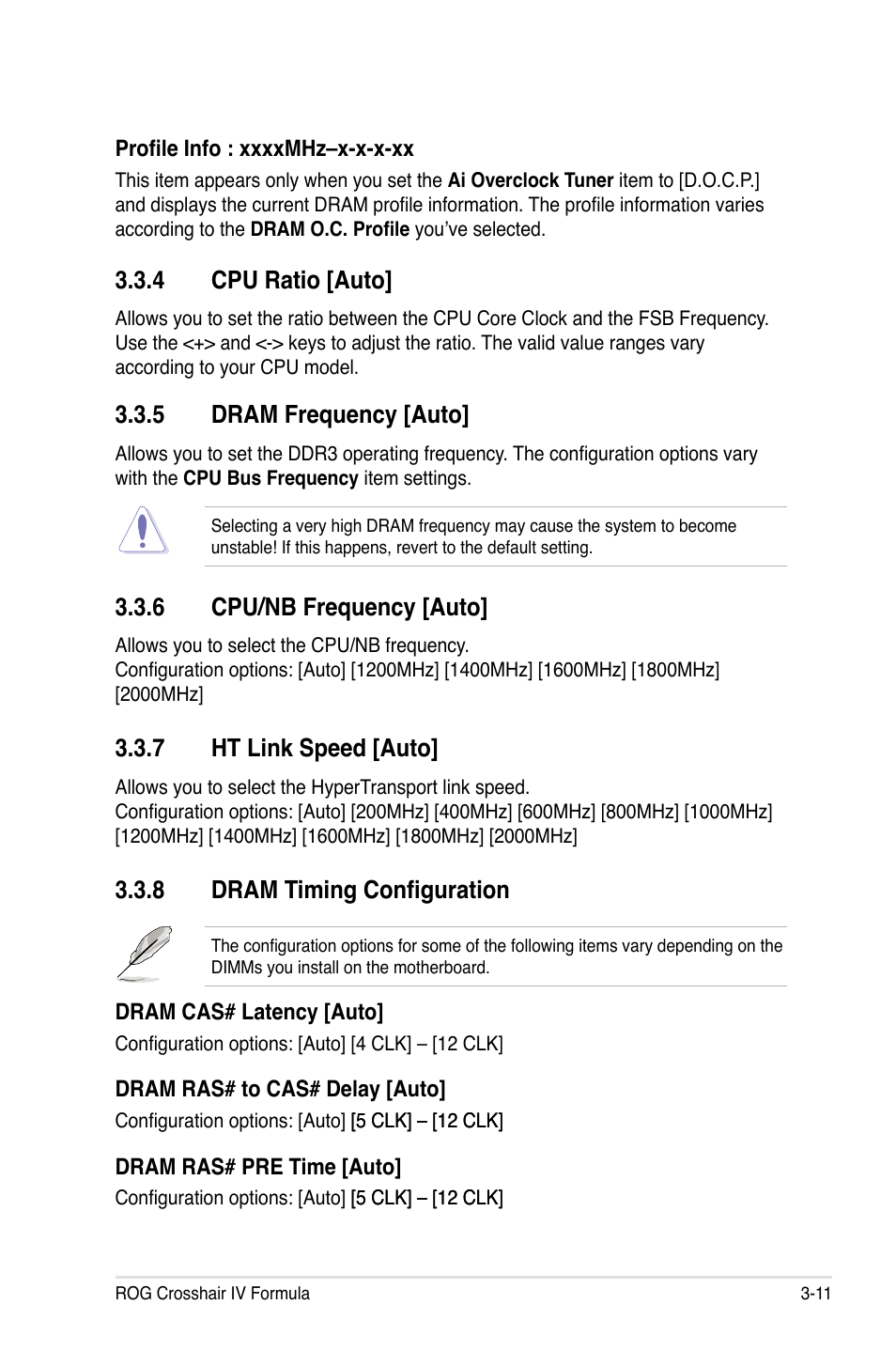 4 cpu ratio [auto, 5 dram frequency [auto, 6 cpu/nb frequency [auto | 7 ht link speed [auto, 8 dram timing configuration | Asus Crosshair IV Formula User Manual | Page 87 / 172