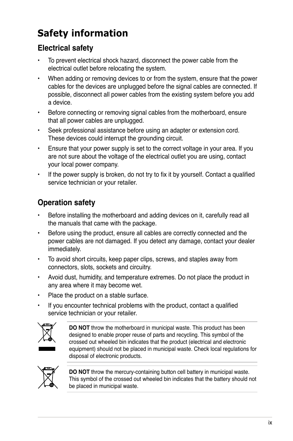 Safety information, Electrical safety, Operation safety | Asus Crosshair IV Formula User Manual | Page 9 / 172