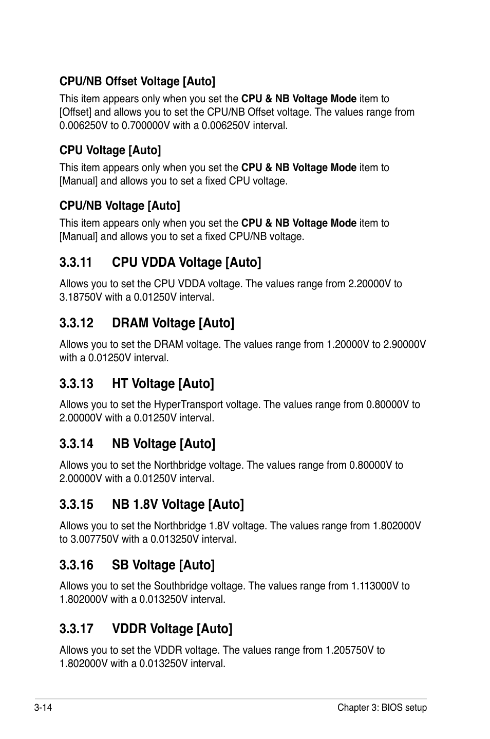 11 cpu vdda voltage [auto, 12 dram voltage [auto, 13 ht voltage [auto | 14 nb voltage [auto, 15 nb 1.8v voltage [auto, 16 sb voltage [auto, 17 vddr voltage [auto | Asus Crosshair IV Formula User Manual | Page 90 / 172