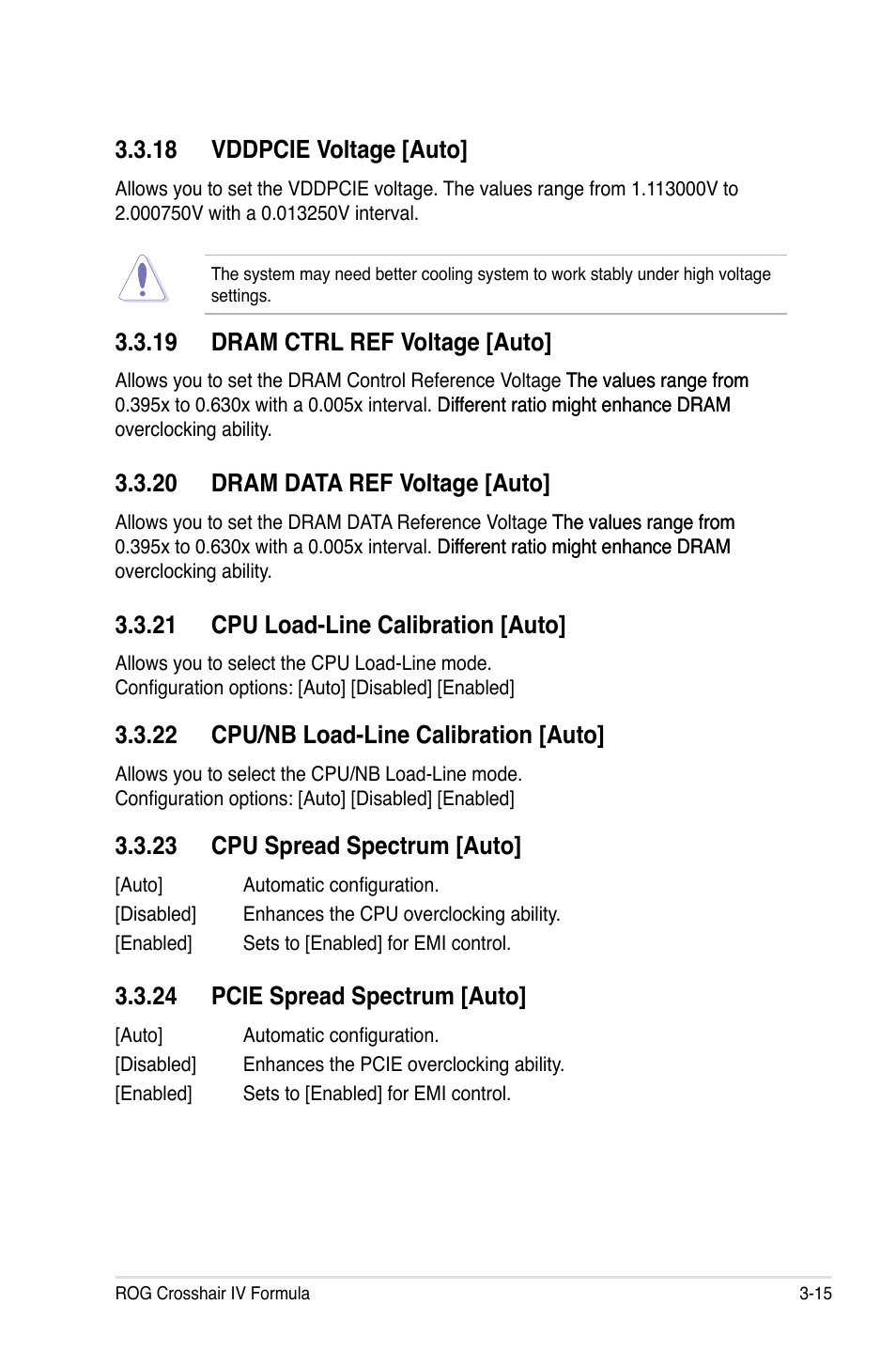 18 vddpcie voltage [auto, 19 dram ctrl ref voltage [auto, 20 dram data ref voltage [auto | 21 cpu load-line calibration [auto, 22 cpu/nb load-line calibration [auto, 23 cpu spread spectrum [auto, 24 pcie spread spectrum [auto | Asus Crosshair IV Formula User Manual | Page 91 / 172