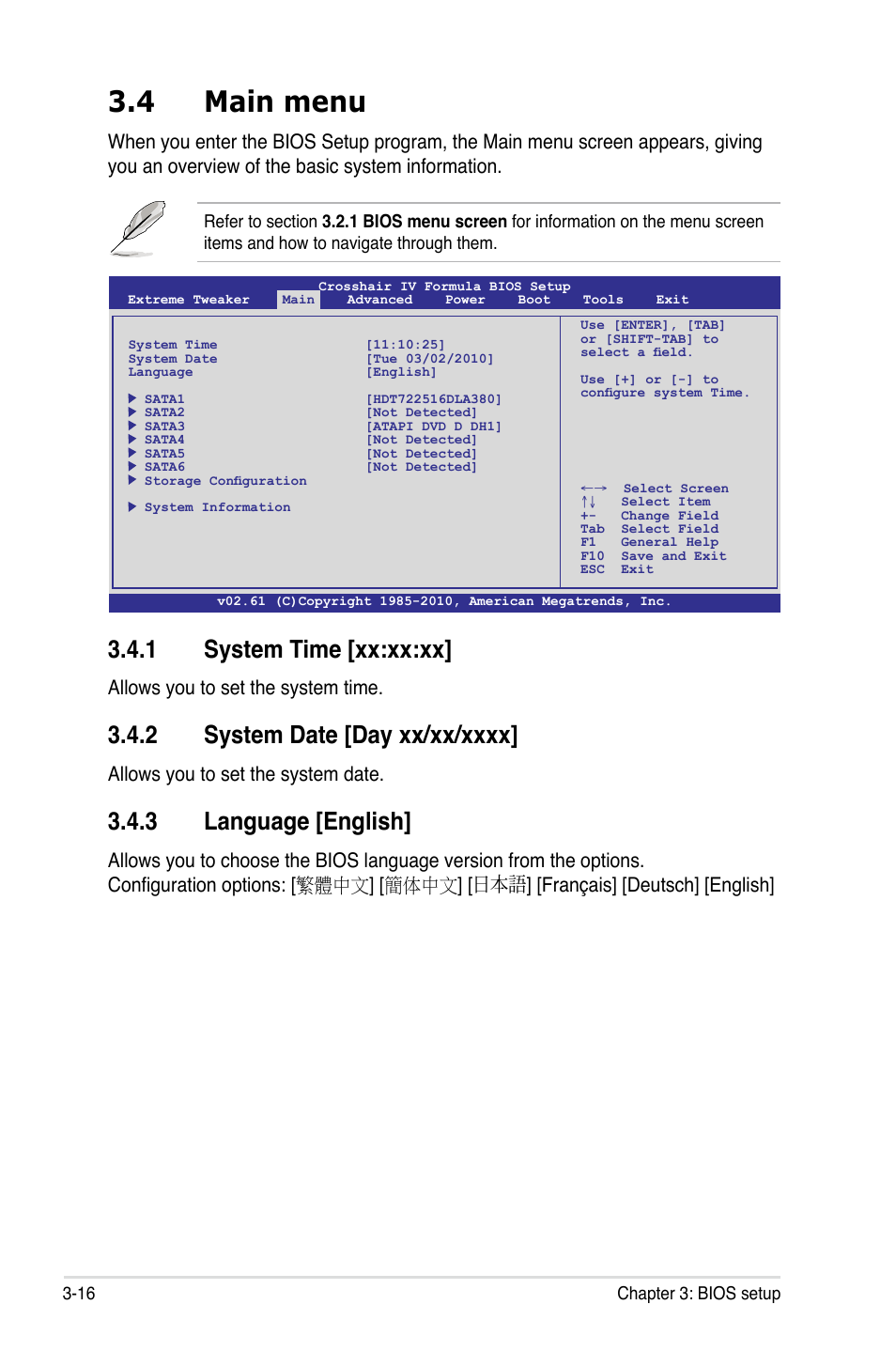 4 main menu, 1 system time [xx:xx:xx, 3 language [english | Allows you to set the system time, Allows you to set the system date | Asus Crosshair IV Formula User Manual | Page 92 / 172