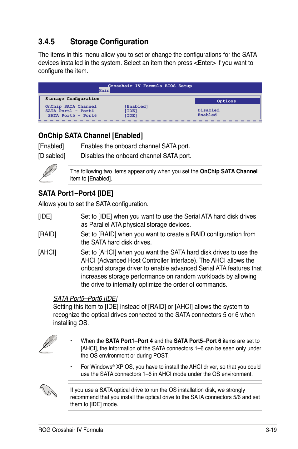 5 storage configuration, Onchip sata channel [enabled, Sata port1–port4 [ide | Asus Crosshair IV Formula User Manual | Page 95 / 172