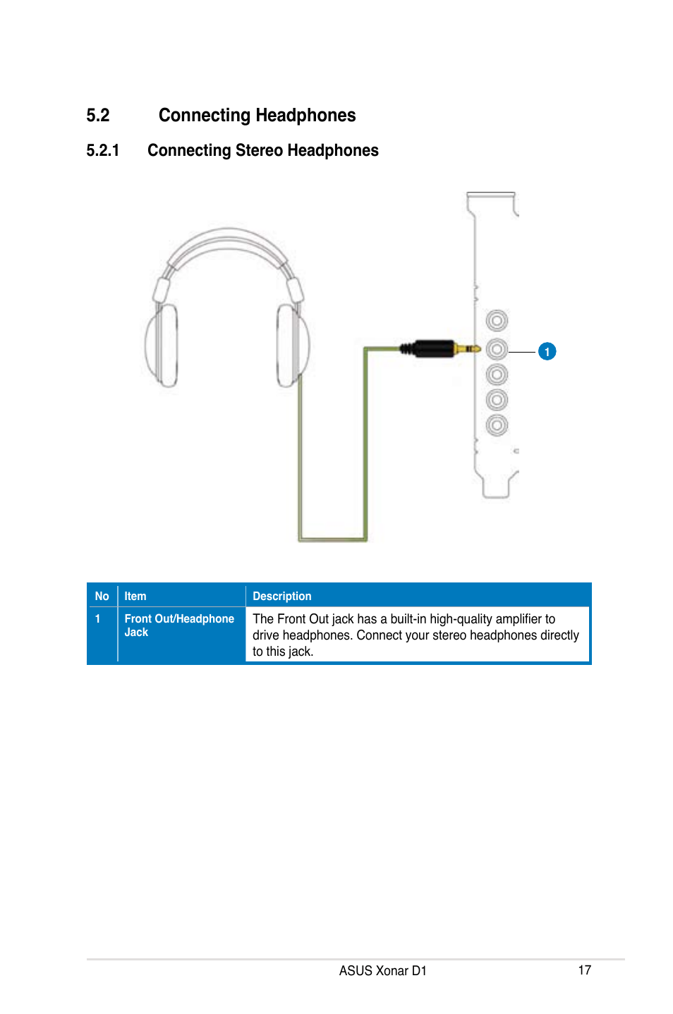 2 connecting headphones, Connecting headphones, 1 connecting stereo headphones | Asus Xonar D1 User Manual | Page 17 / 72