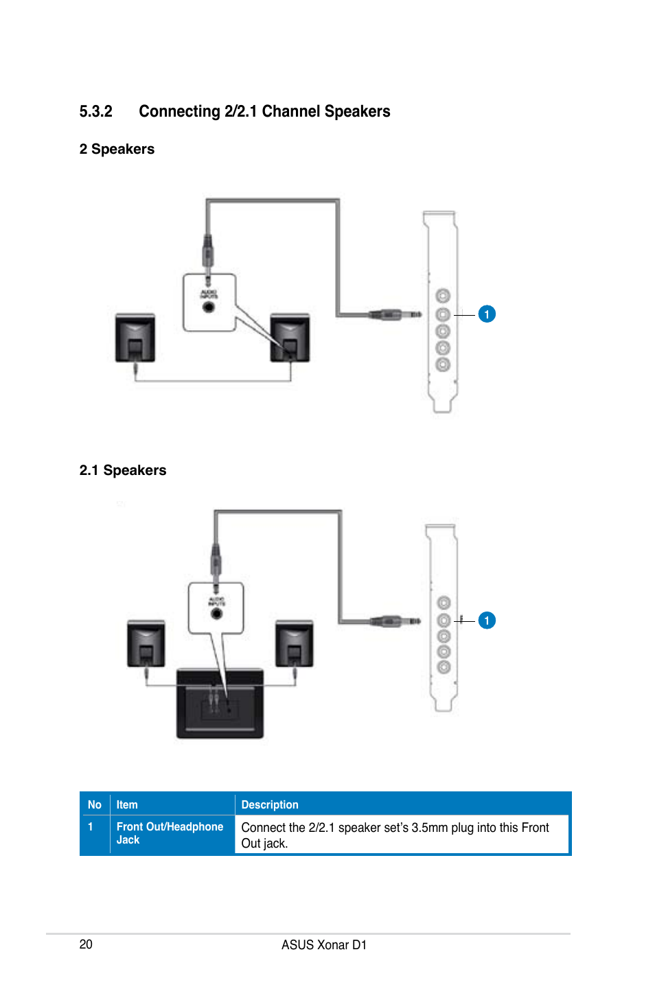 2 connecting 2/2.1 channel speakers | Asus Xonar D1 User Manual | Page 20 / 72