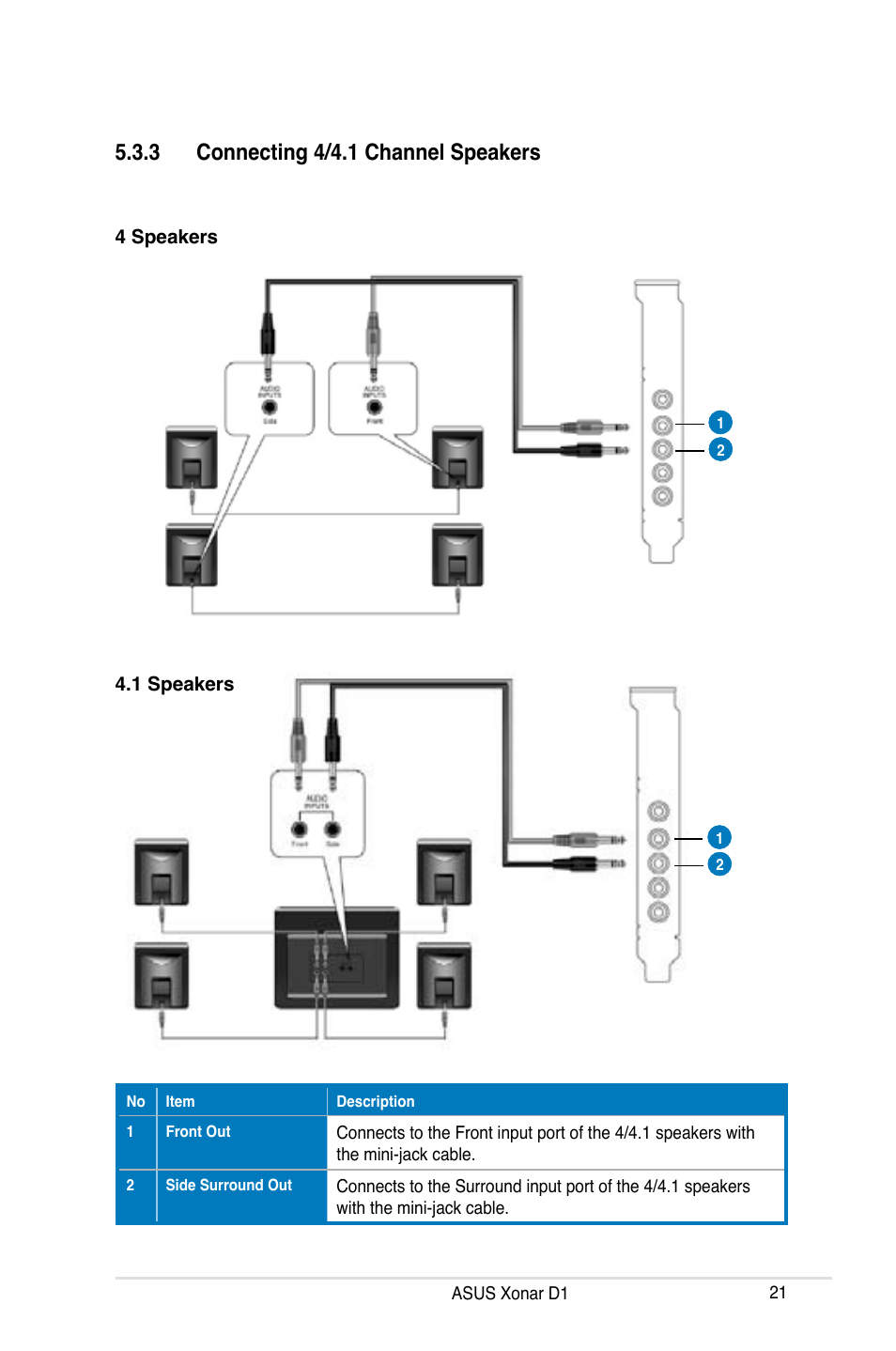3 connecting 4/4.1 channel speakers | Asus Xonar D1 User Manual | Page 21 / 72