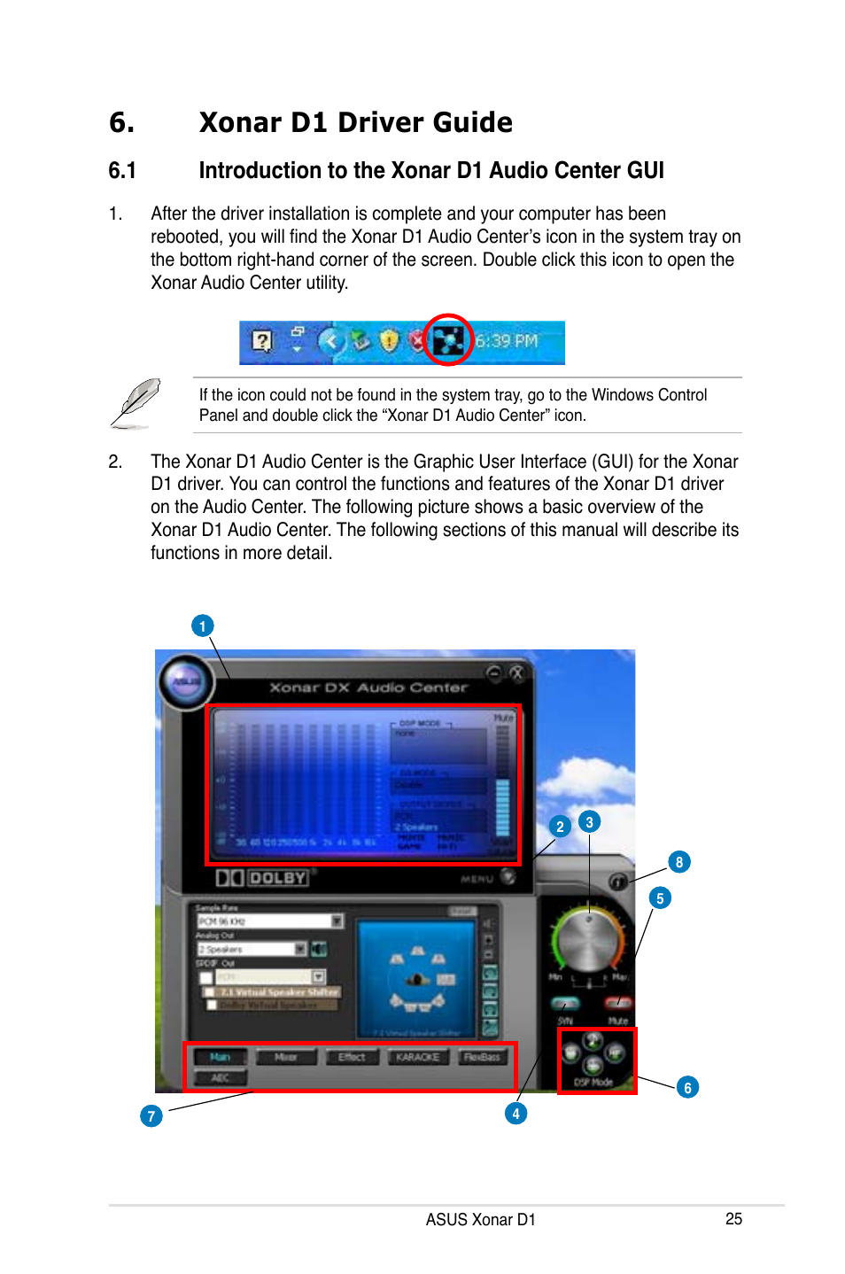 Xonar d1 driver guide, 1 introduction to the xonar d1 audio center gui, Xonar d1 driver guide 6.1 | Asus Xonar D1 User Manual | Page 25 / 72