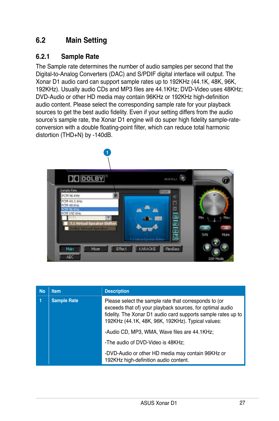 2 main setting, 1 sample rate | Asus Xonar D1 User Manual | Page 27 / 72