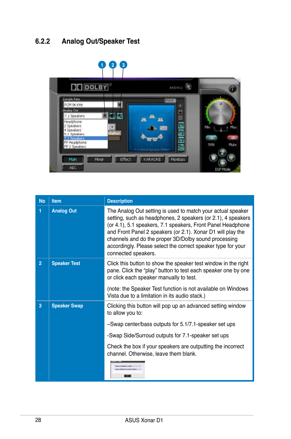 2 analog out/speaker test | Asus Xonar D1 User Manual | Page 28 / 72