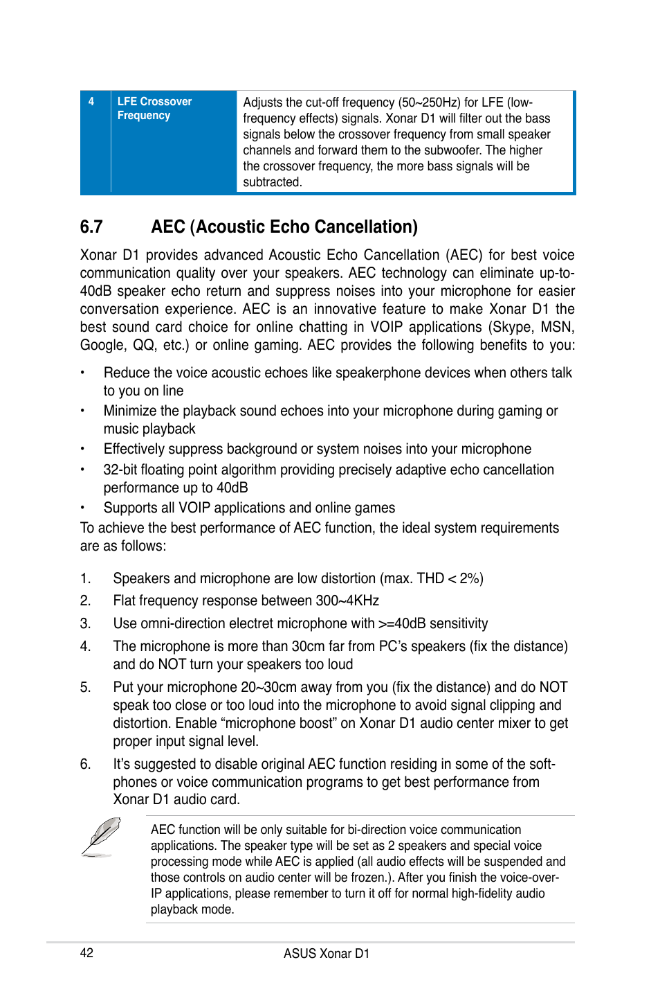 7 aec (acoustic echo cancellation), Aec (acoustic echo cancellation) | Asus Xonar D1 User Manual | Page 42 / 72