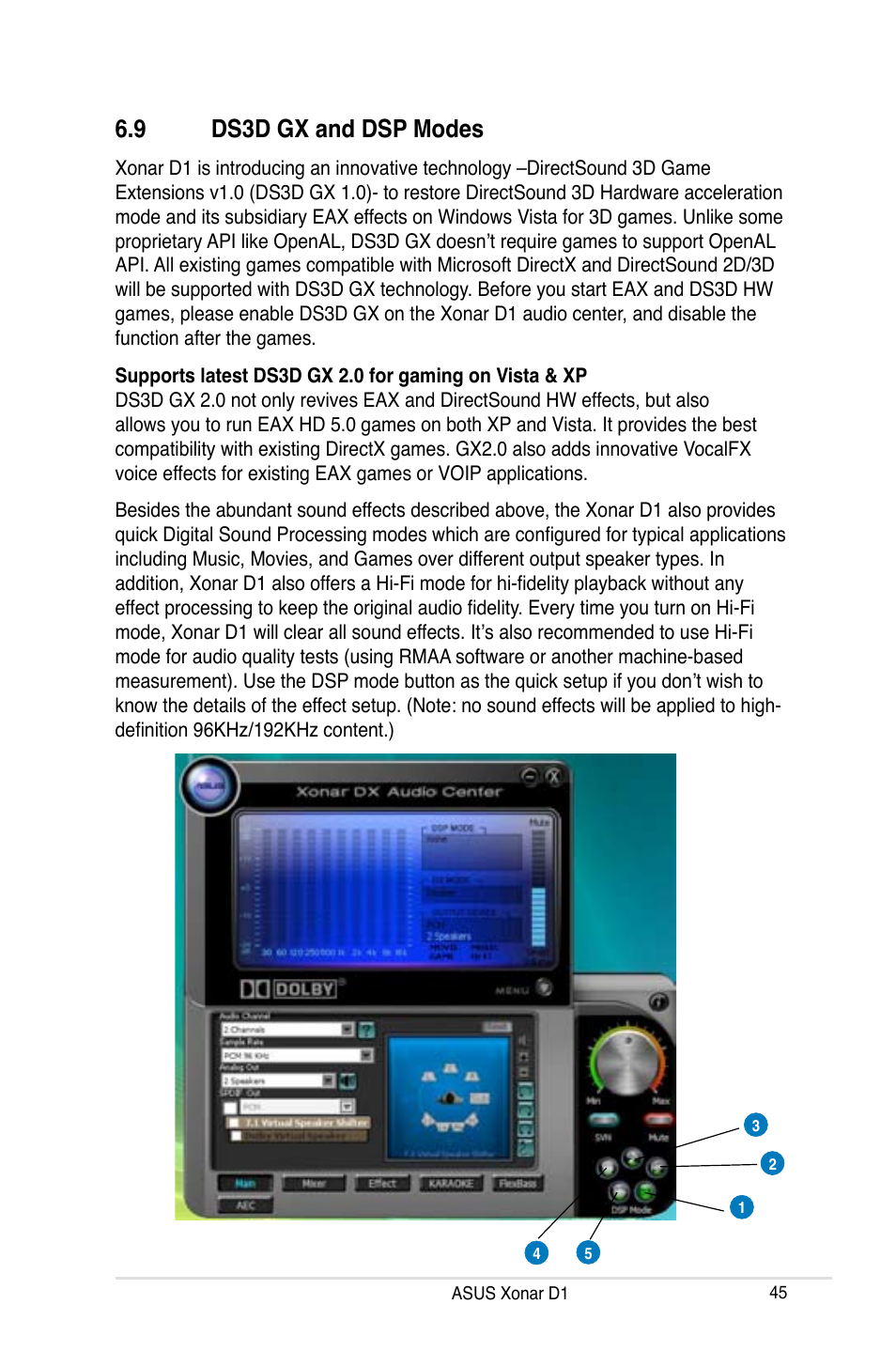 9 ds3d gx and dsp modes, Dsd gx and dsp modes | Asus Xonar D1 User Manual | Page 45 / 72