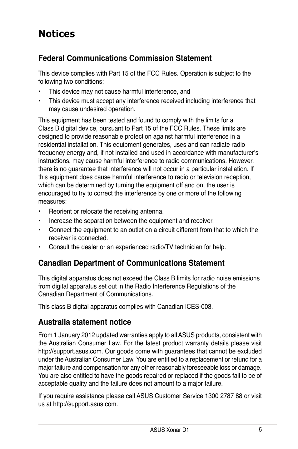 Notices, Federal communications commission statement, Canadian department of communications statement | Australia statement notice | Asus Xonar D1 User Manual | Page 5 / 72