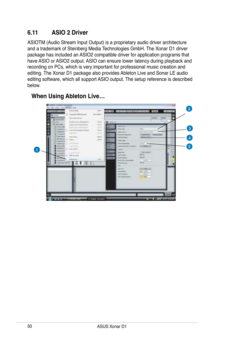 11 asio 2 driver, Asio  driver, When using ableton live | Asus Xonar D1 User Manual | Page 50 / 72