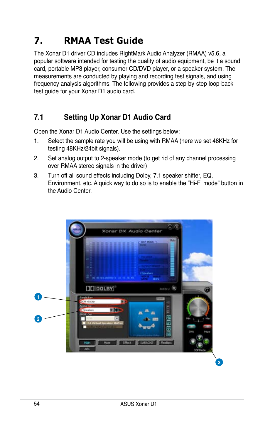 Rmaa test guide, 1 setting up xonar d1 audio card, Rmaa test guide 7.1 | Setting up xonar d1 audio card | Asus Xonar D1 User Manual | Page 54 / 72