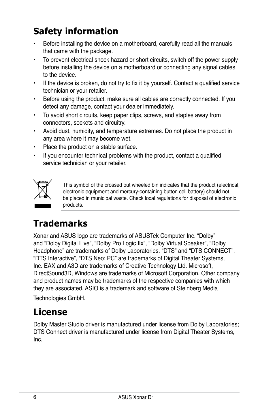 Safety information, Trademarks, License | Safety information trademarks license | Asus Xonar D1 User Manual | Page 6 / 72