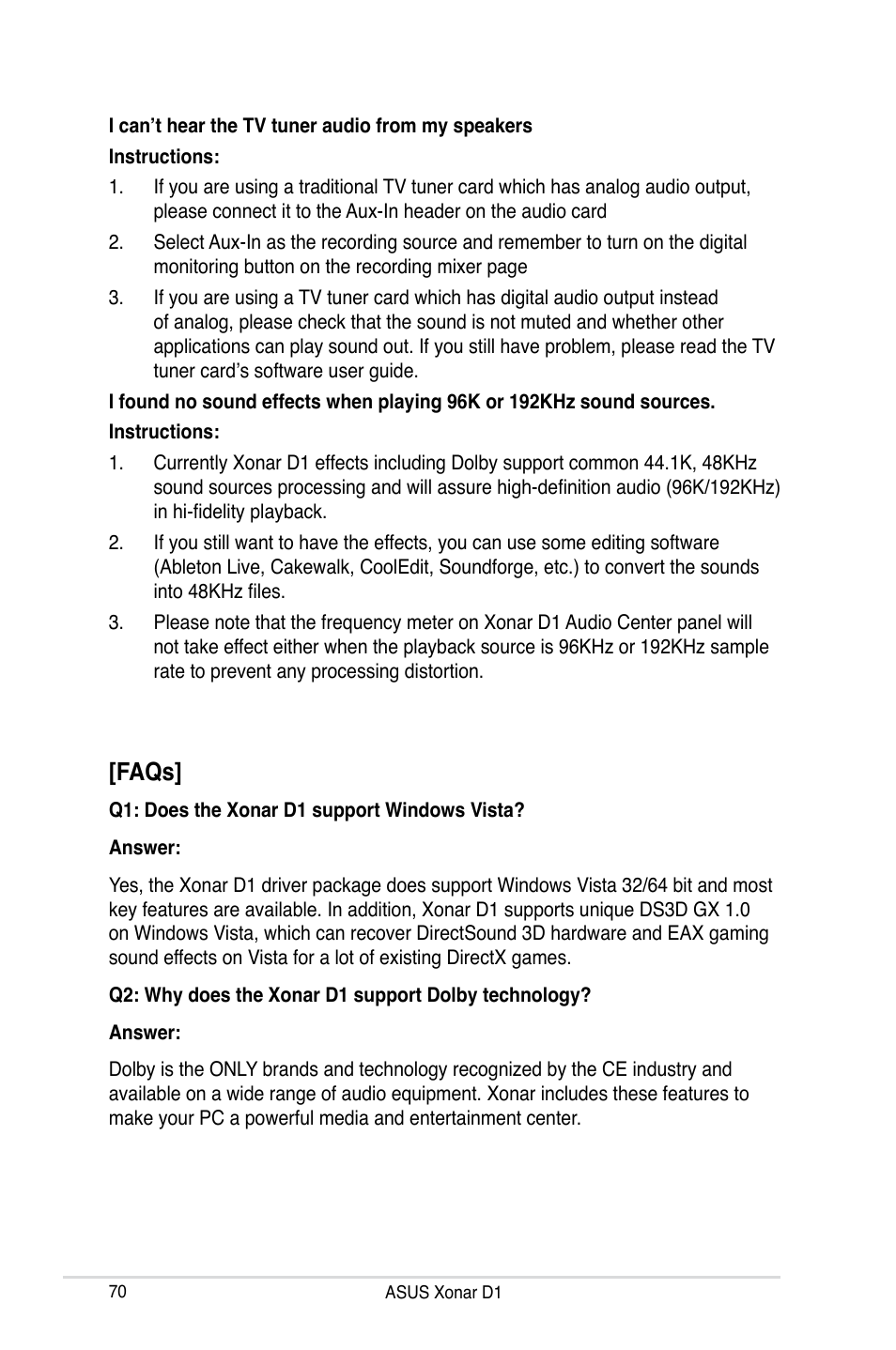 Faqs | Asus Xonar D1 User Manual | Page 70 / 72