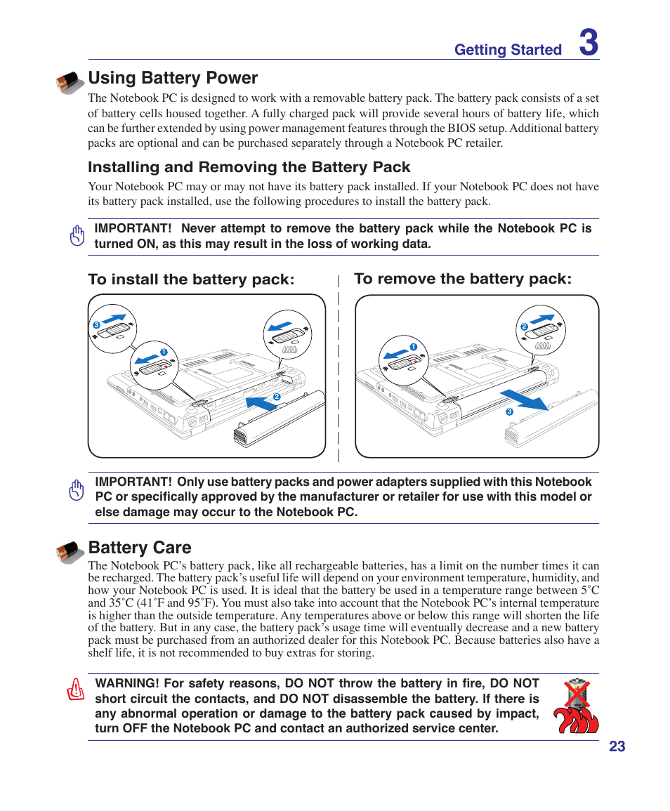 Using battery power, Battery care | Asus S7F User Manual | Page 23 / 69