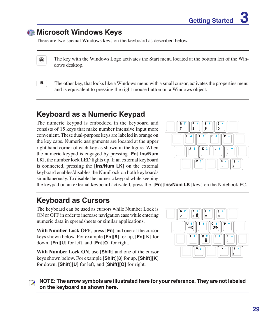 Microsoft windows keys, Keyboard as a numeric keypad, Keyboard as cursors | 2 getting started | Asus S7F User Manual | Page 29 / 69