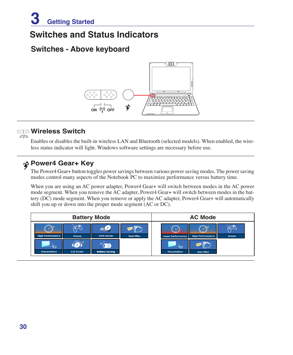 Switches and status indicators, Switches - above keyboard | Asus S7F User Manual | Page 30 / 69