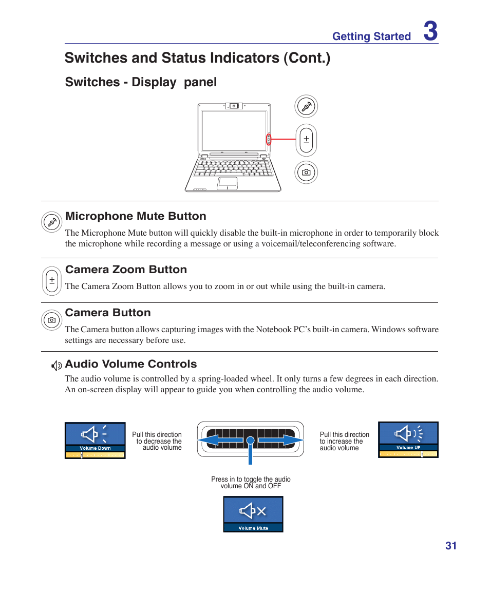 Switches - display panel, Switches and status indicators (cont.) | Asus S7F User Manual | Page 31 / 69