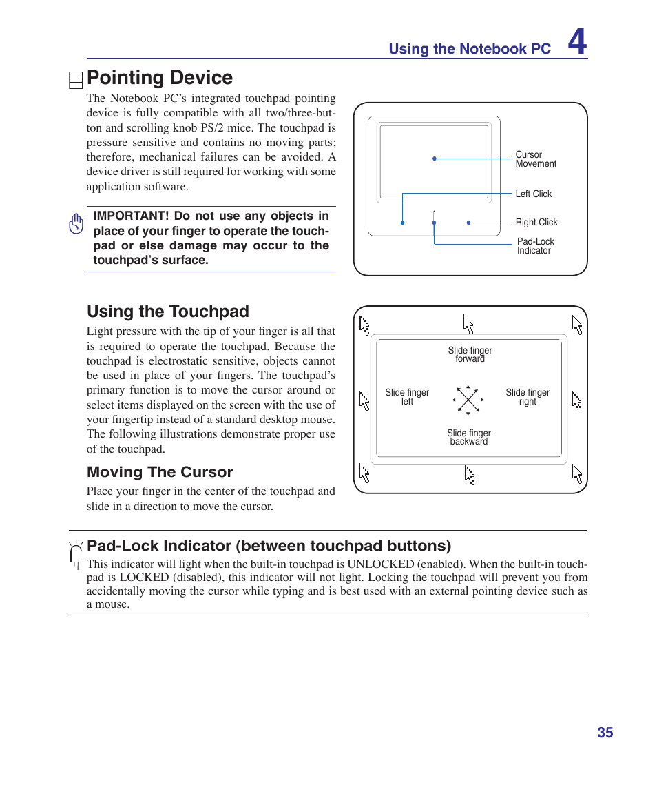 Pointing device, Using the touchpad | Asus S7F User Manual | Page 35 / 69