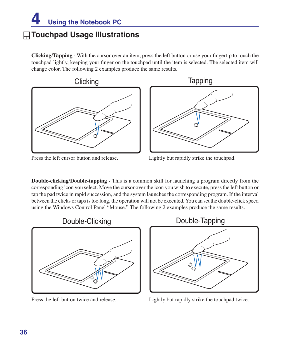 Touchpad usage illustrations | Asus S7F User Manual | Page 36 / 69