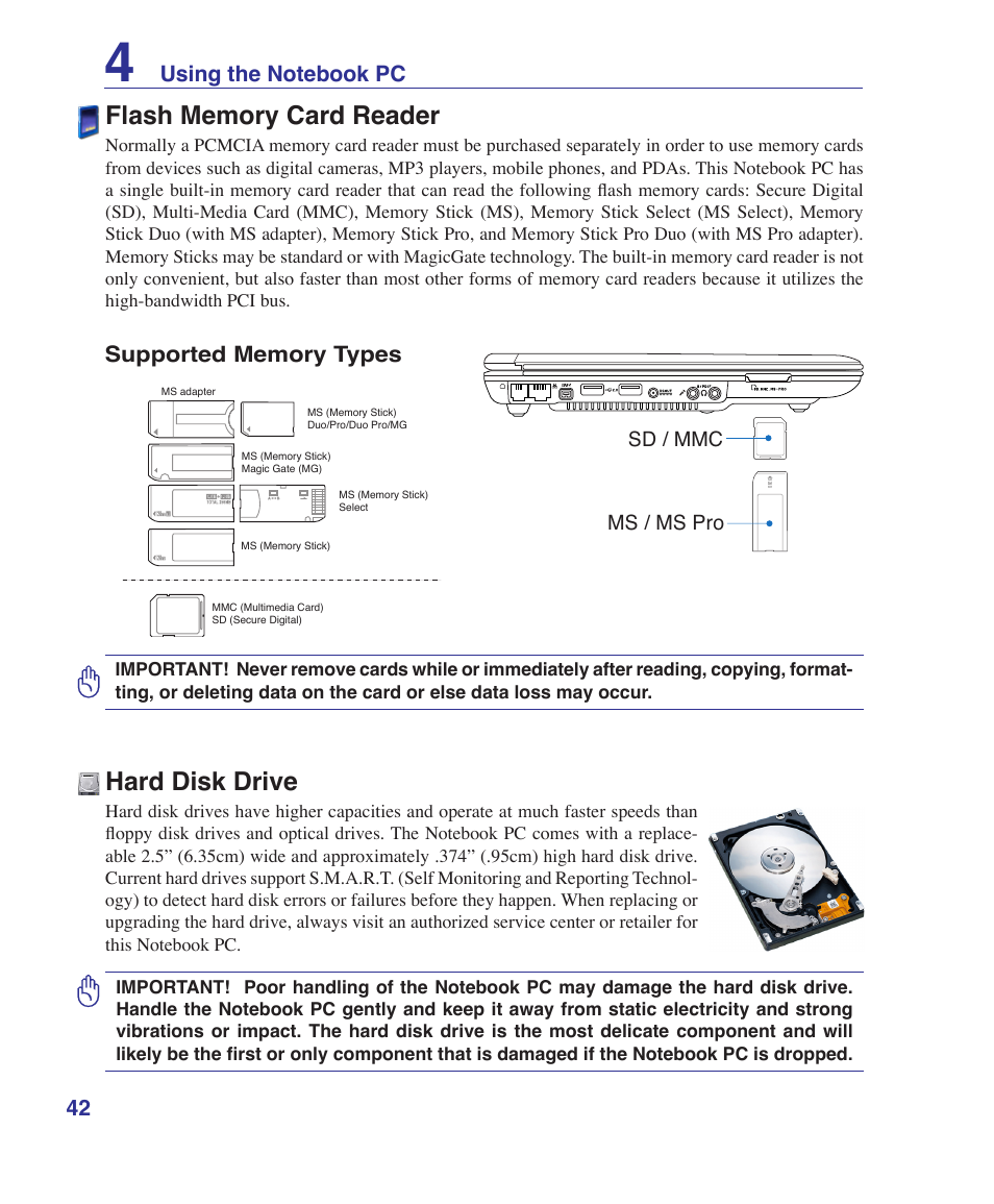 Flash memory card reader, Hard disk drive | Asus S7F User Manual | Page 42 / 69