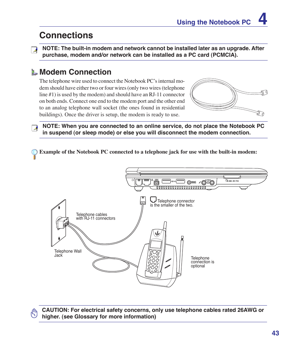 Connections, Modem connection | Asus S7F User Manual | Page 43 / 69