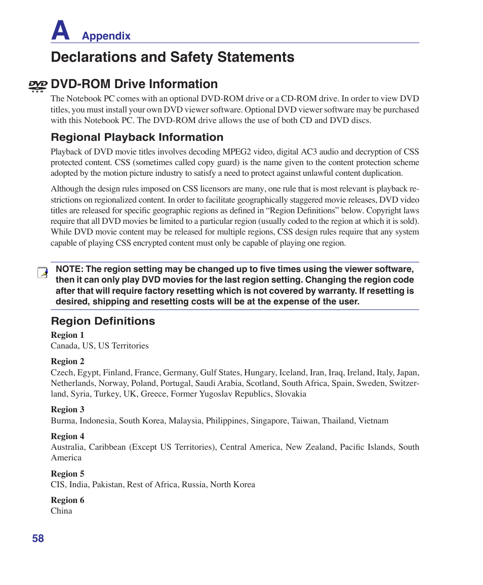 Declarations and safety statements, Dvd-rom drive information | Asus S7F User Manual | Page 58 / 69