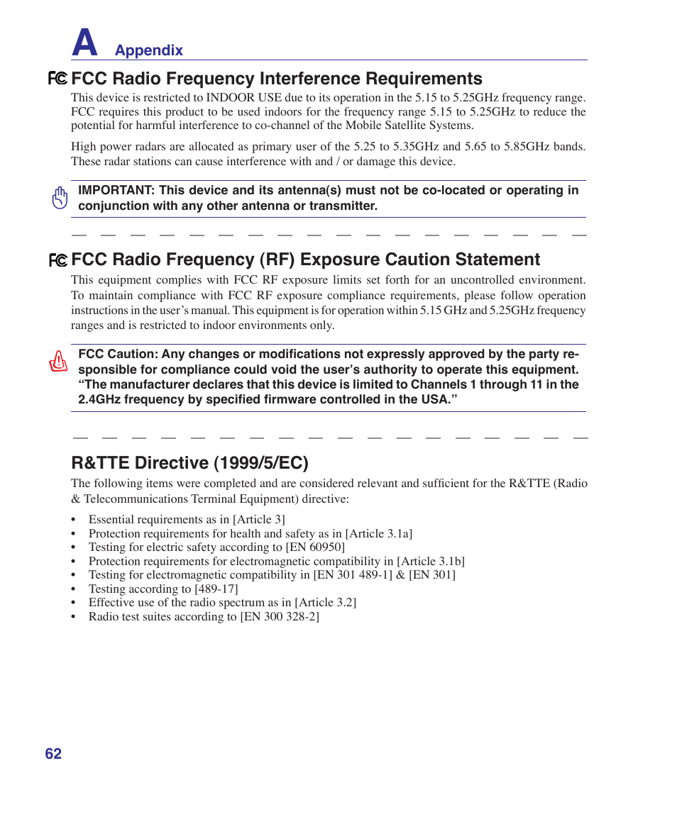 R&tte directive (1//ec), Fcc radio frequency interference requirements | Asus S7F User Manual | Page 62 / 69