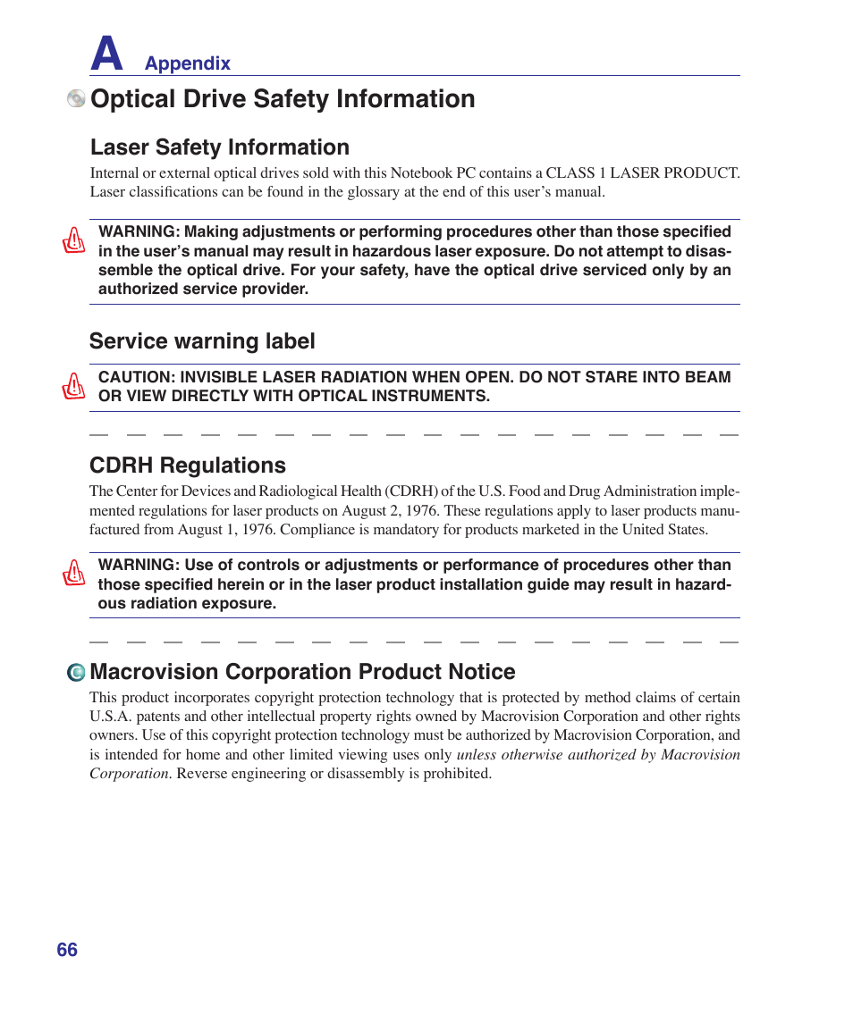 Optical drive safety information, Service warning label, Cdrh regulations | Macrovision corporation product notice, Laser safety information | Asus S7F User Manual | Page 66 / 69