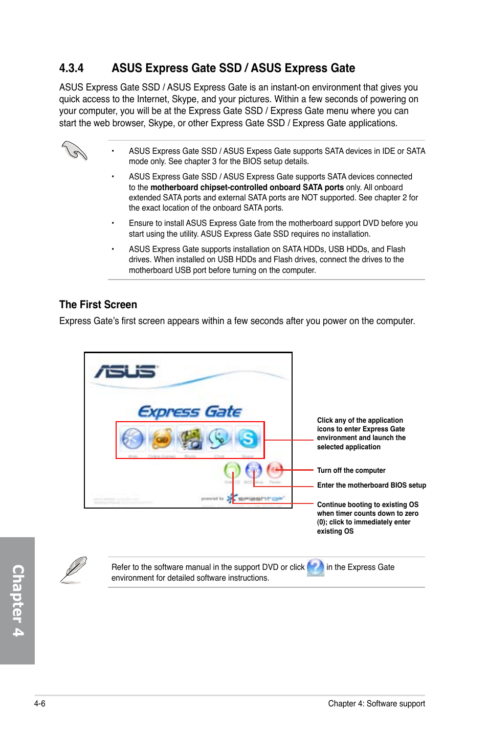 Chapter 4, 4 asus express gate ssd / asus express gate, The first screen | Asus M4A79T Deluxe/U3S6 User Manual | Page 100 / 120