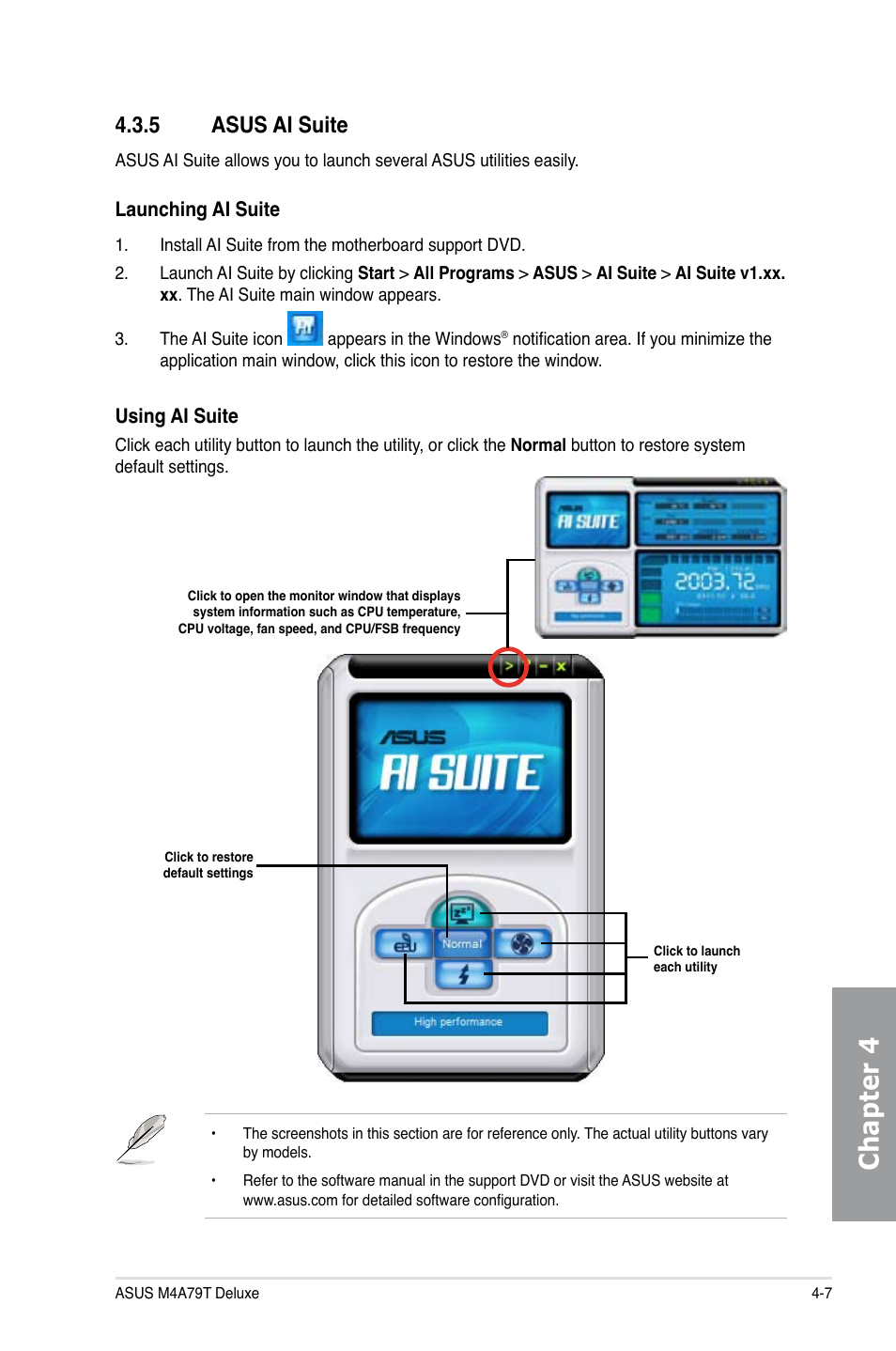 Chapter 4, 5 asus ai suite | Asus M4A79T Deluxe/U3S6 User Manual | Page 101 / 120