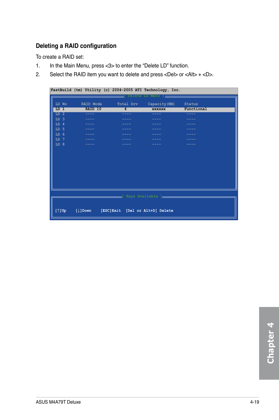 Chapter 4, Deleting a raid configuration | Asus M4A79T Deluxe/U3S6 User Manual | Page 113 / 120