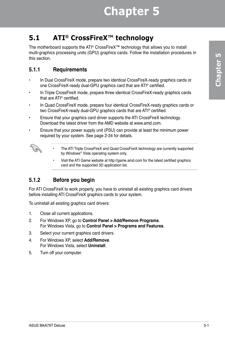 Chapter 5, Chapter 5 5.1 ati, Crossfirex™ technology | 1 requirements, 2 before you begin | Asus M4A79T Deluxe/U3S6 User Manual | Page 115 / 120