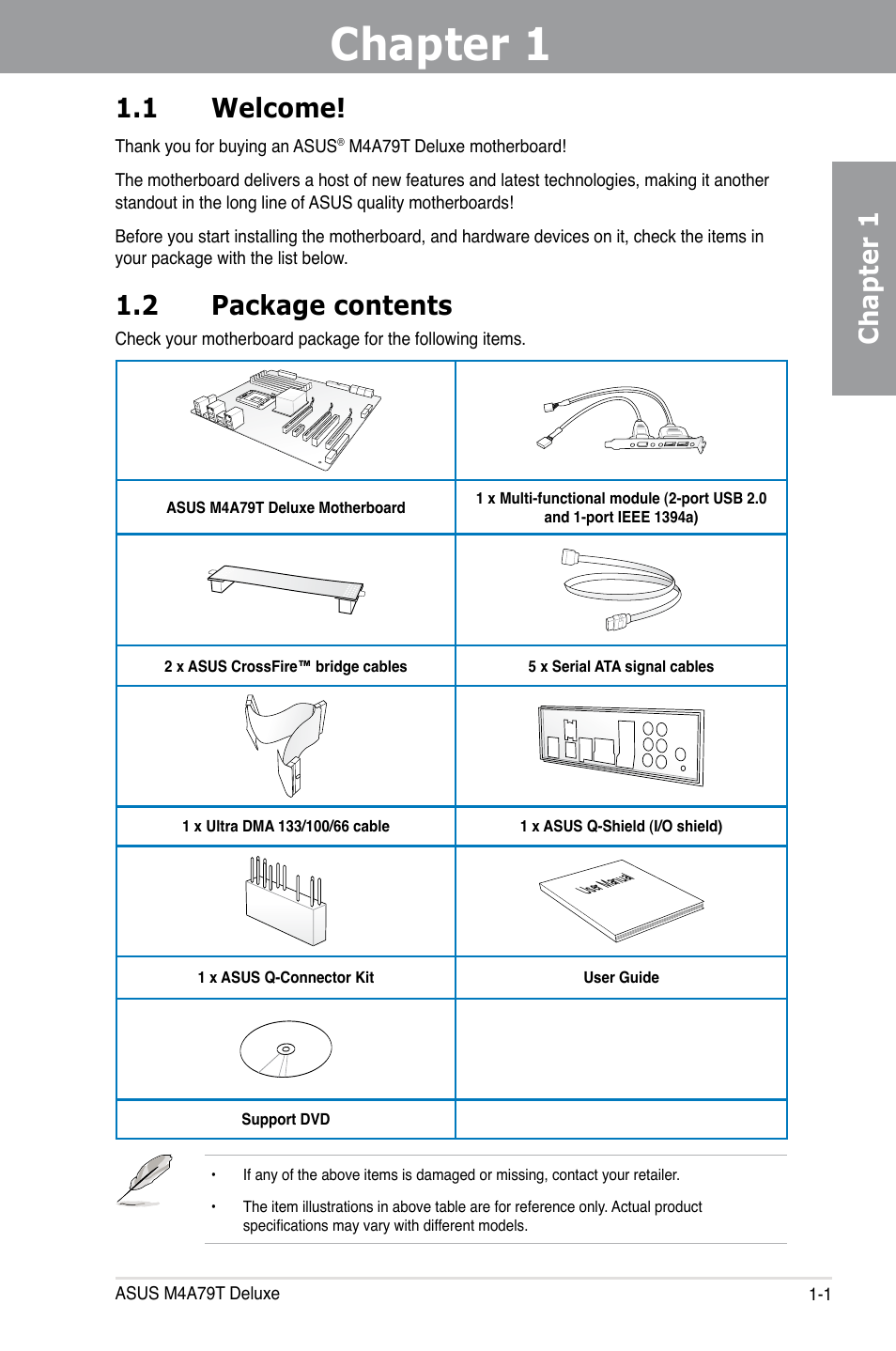 Chapter 1, Chapter 1 1.1 welcome, 2 package contents | Asus M4A79T Deluxe/U3S6 User Manual | Page 15 / 120