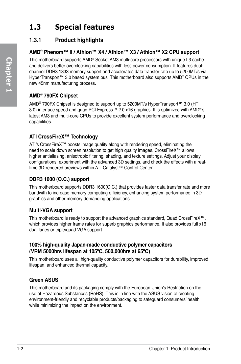 Chapter 1 1.3 special features, 1 product highlights | Asus M4A79T Deluxe/U3S6 User Manual | Page 16 / 120