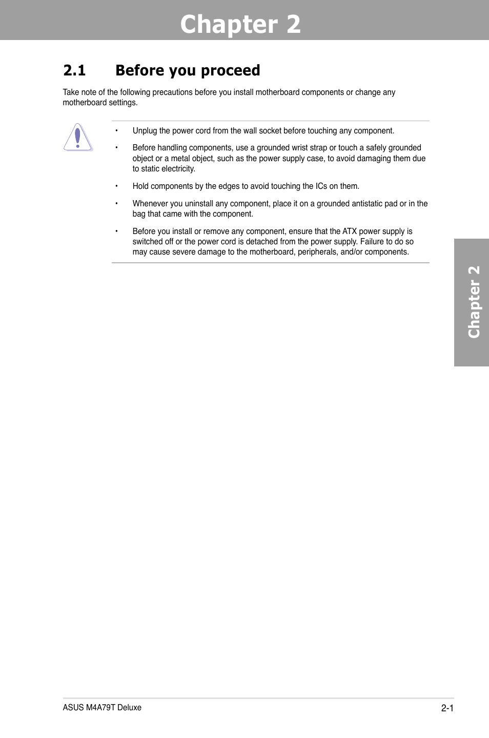 Chapter 2, Chapter 2 2.1 before you proceed | Asus M4A79T Deluxe/U3S6 User Manual | Page 21 / 120