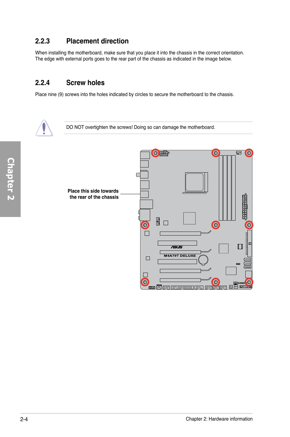 Chapter 2, 3 placement direction, 4 screw holes | Asus M4A79T Deluxe/U3S6 User Manual | Page 24 / 120